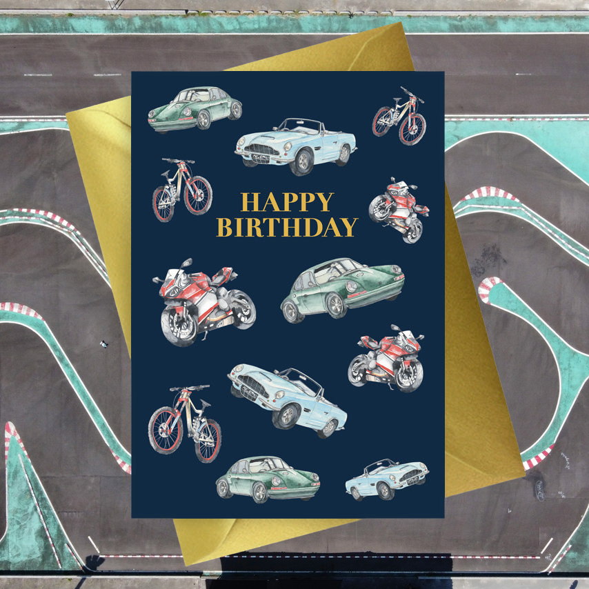 Navy A6 Foiled Greeting Card Cars Happy Birthday