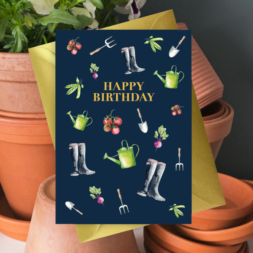 Navy A6 Foiled Greeting Card Garden Happy Birthday