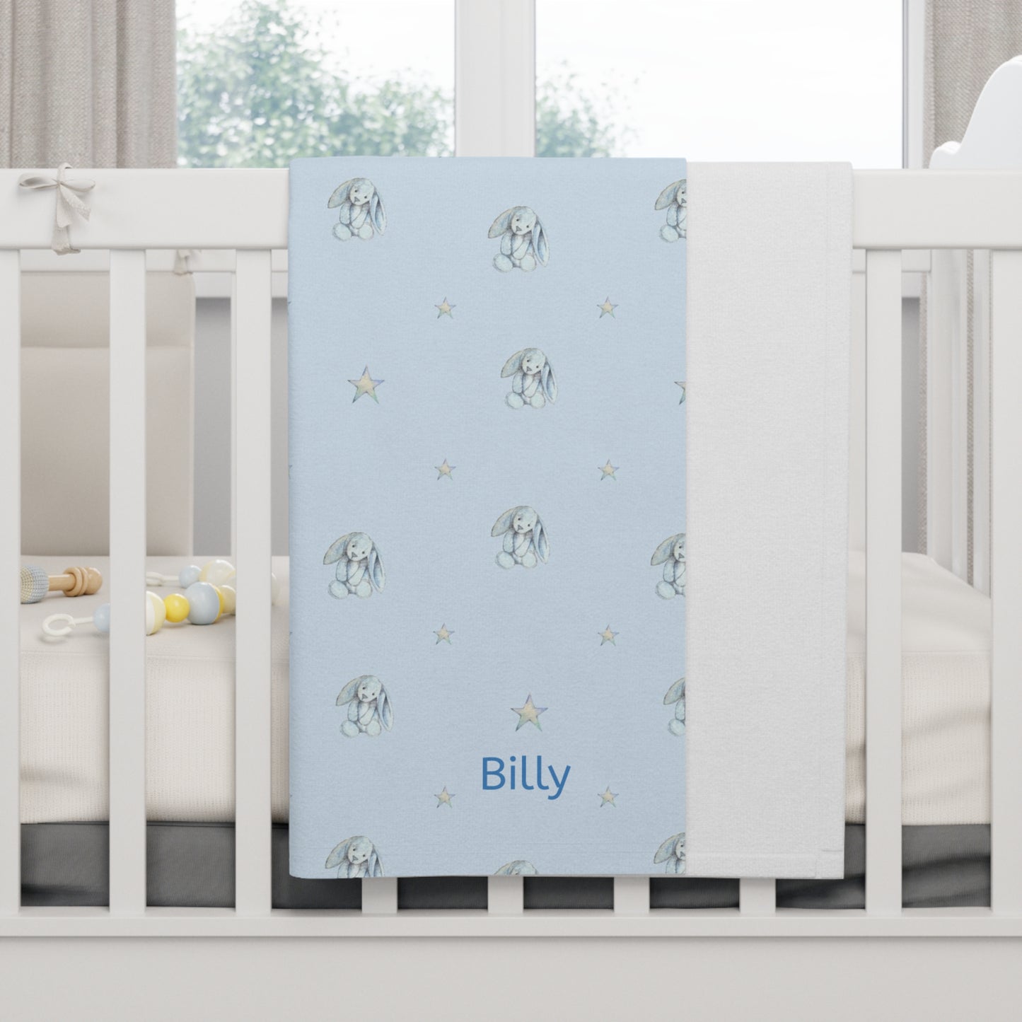 Personalised Fleece Blanket Blue Bunny Design - Baby Boy Gift