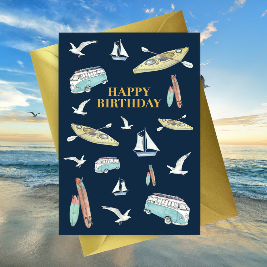 Navy A6 Foiled Greeting Card Seaside Happy Birthday