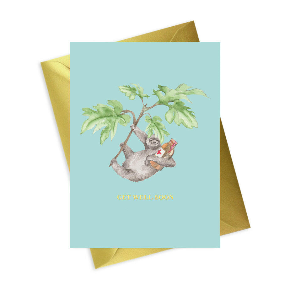 Animal Collection A6 Foiled Greeting Card Sloth Get Well Soon Greeting & Note Cards Crumble and Core   