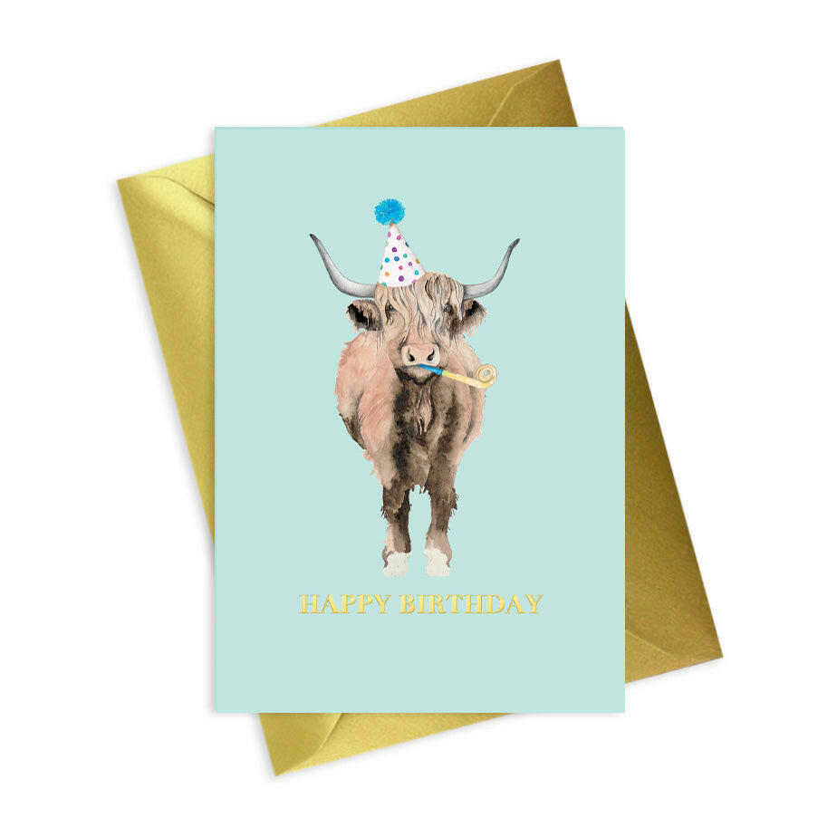 Animal Collection A6 Foiled Greeting Card Highland Cow Happy Birthday Greeting & Note Cards Crumble and Core   