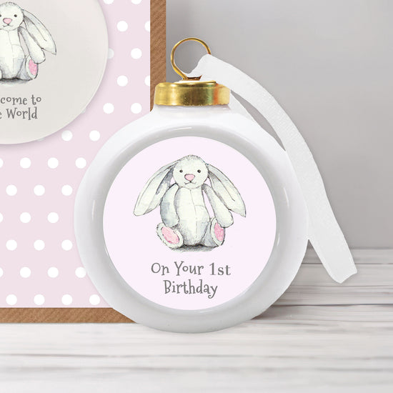 Hanging Ceramic 1st Birthday Girl Bunny Bauble Decoration - Perfect for Babys First Birthday Celebration