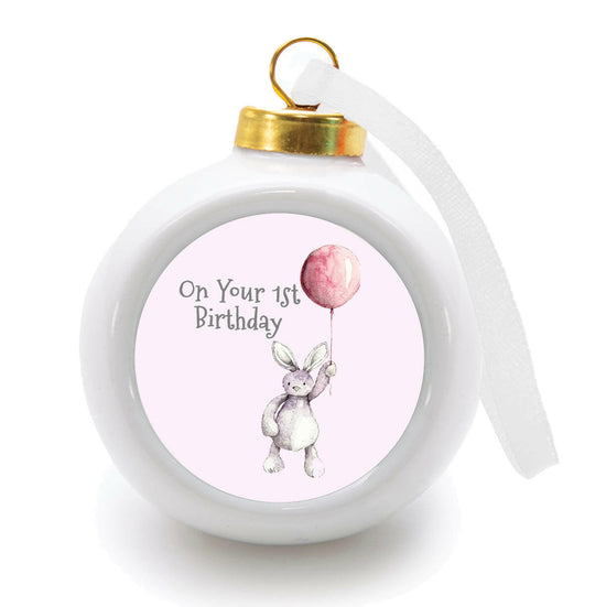 Hanging Ceramic Baby 1st Birthday Girl Bunny & Balloon Bauble Decoration Decor Crumble and Core   