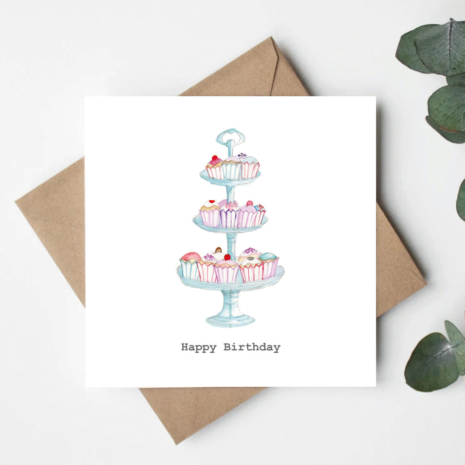 Cupcake Stand, Happy Birthday Card