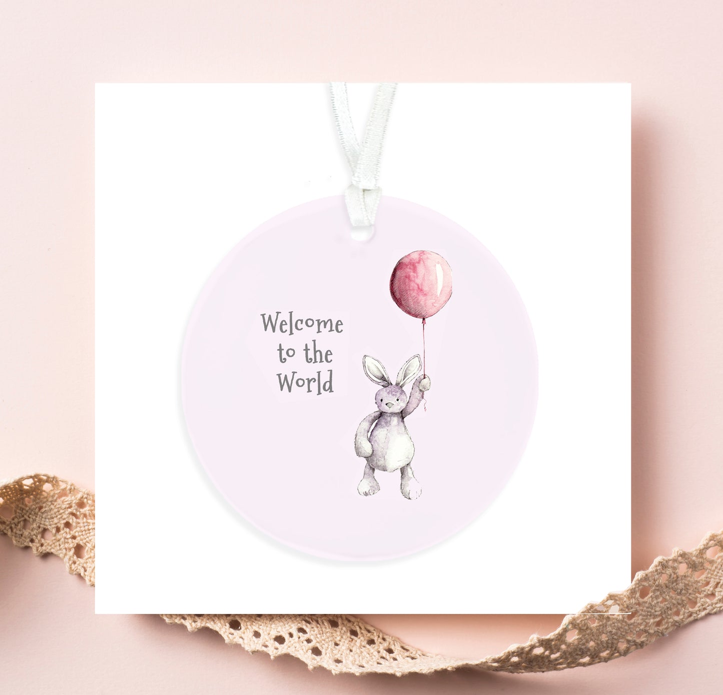 Hanging Ceramic Decoration - Baby Girl Bunny And Balloon