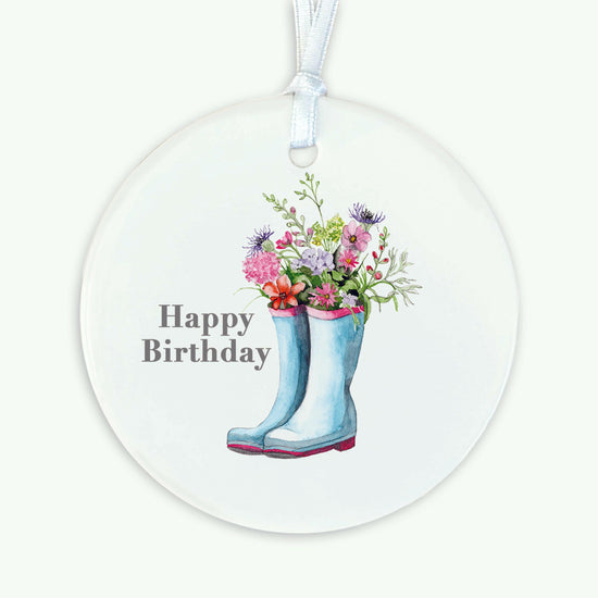 A6 Greeting Card with Ceramic Keepsake - Flowers & Wellies Happy Birthday