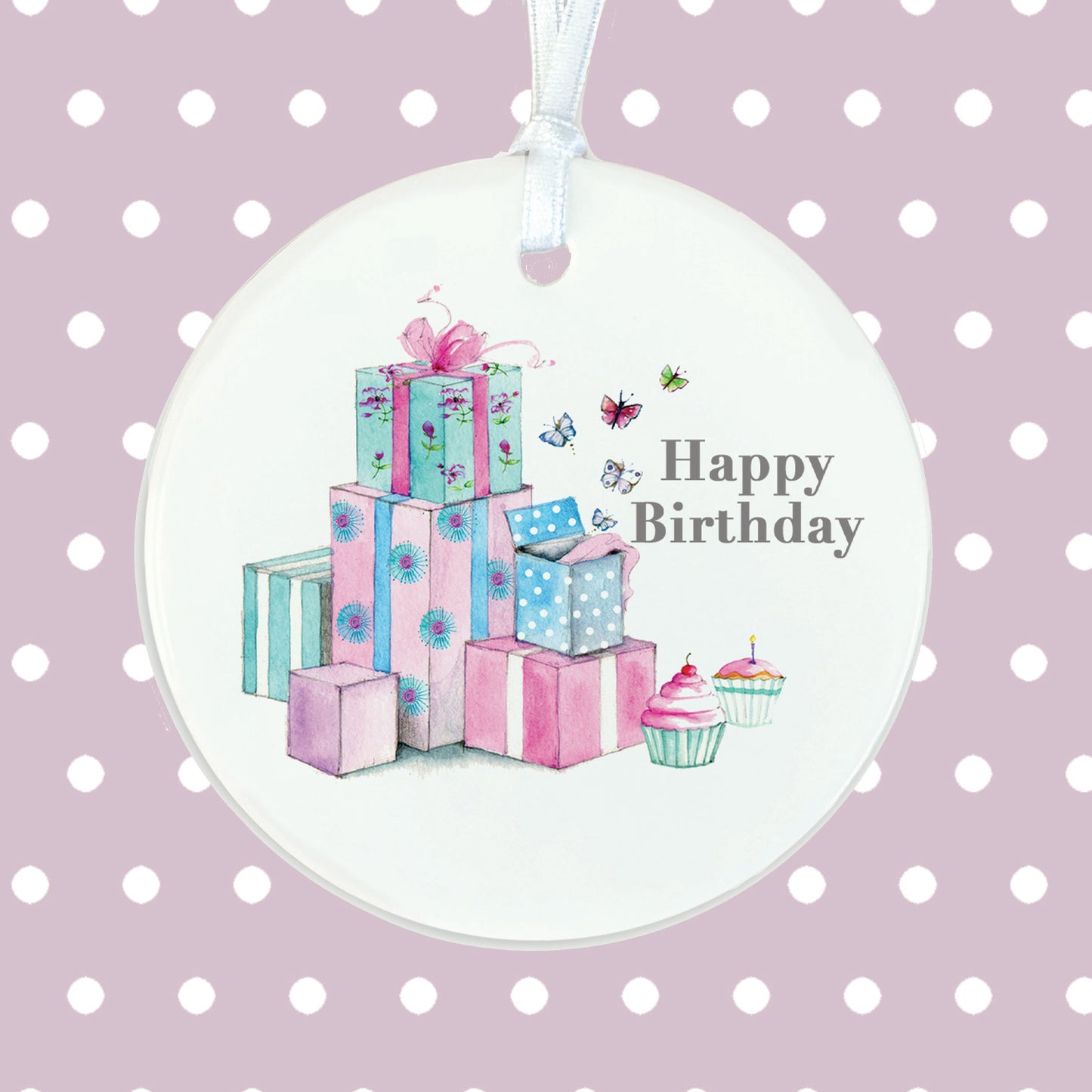 Hanging Ceramic Decoration - Pretty Presents Happy Birthday