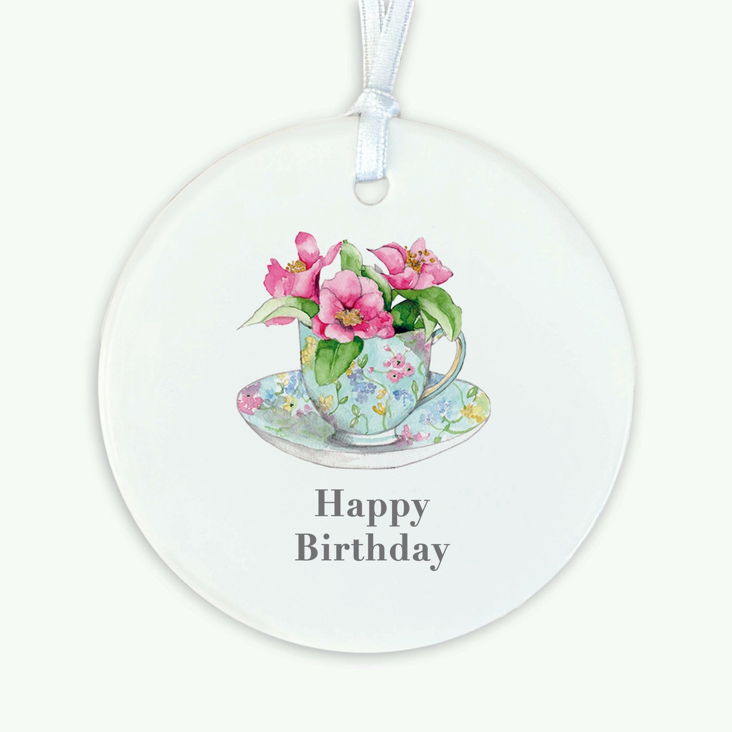 Hanging Ceramic Decoration - Flowers & Tea Cup Happy Birthday Decor Crumble and Core   