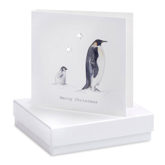 Penguin Merry Christmas Sterling Silver Star Stud Earrings on Card - Gift Box Included