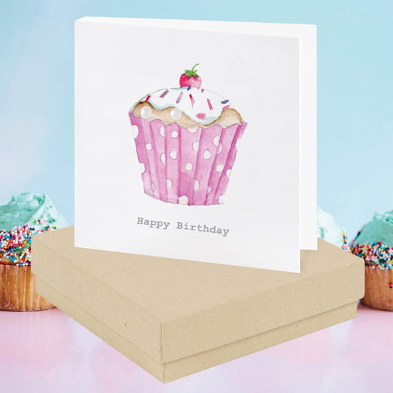 Sterling Silver Pearl Stud Earrings on Birthday Cupcake Card Box - Perfect Gift