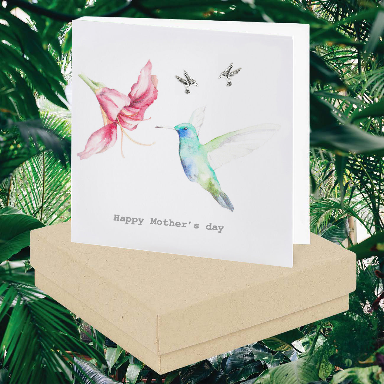 Mothers Day Card and Sterling Silver Stud Earrings - Hummingbird Design in Gift Box