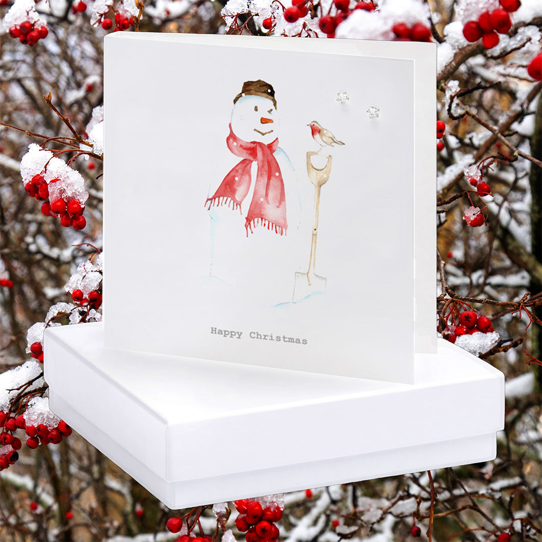 Sterling Silver Stud Earrings on Card in Box - Perfect for Christmas - Christmas Snowman