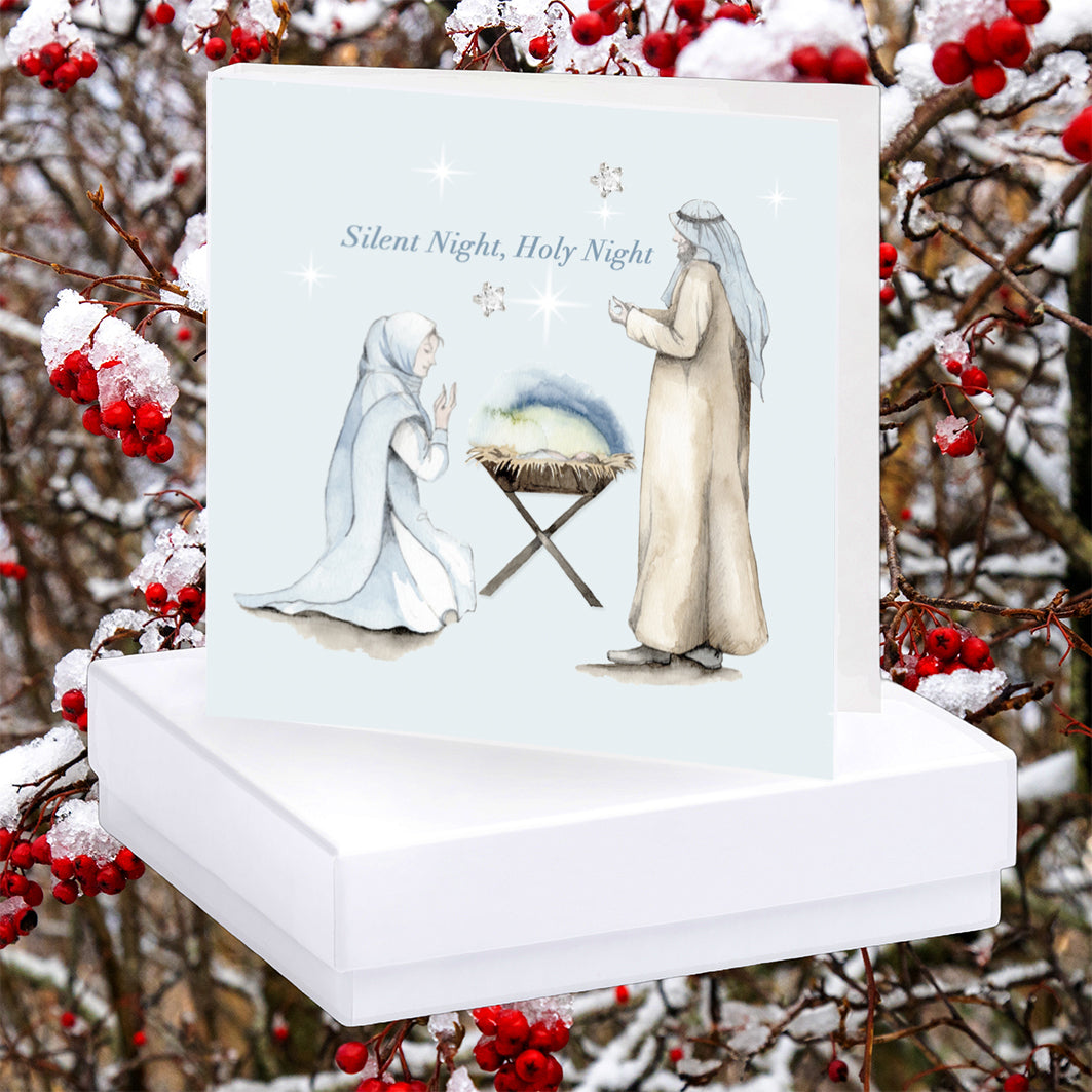 Sterling Silver Nativity Stud Earrings on Elegant Christmas Card