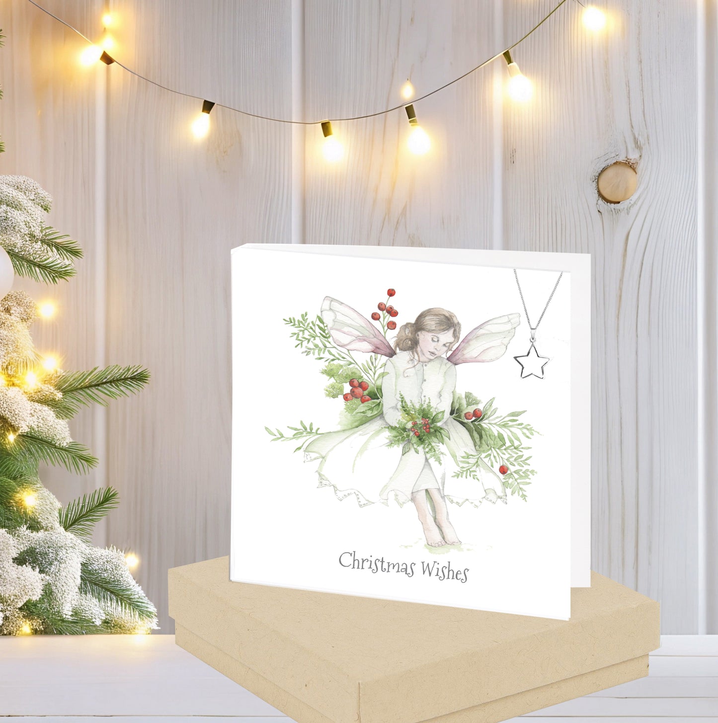 Boxed Christmas Green Holly Fairy Necklace Card