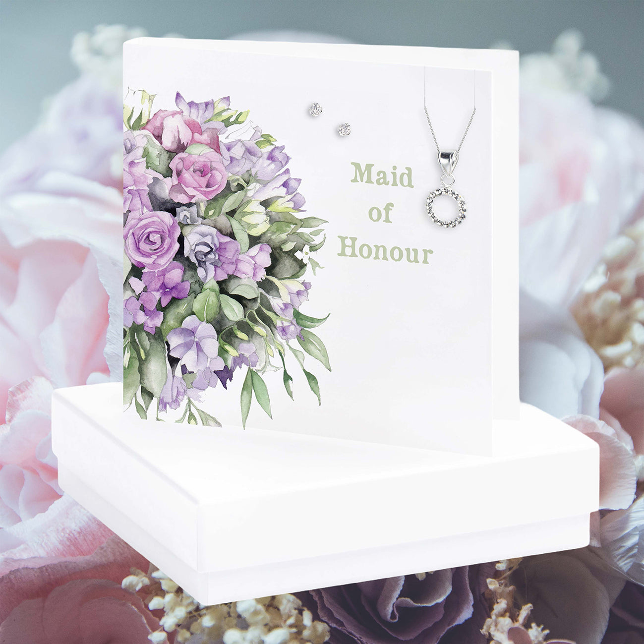 Boxed Floral Maid of Honour Necklace & Earring Card