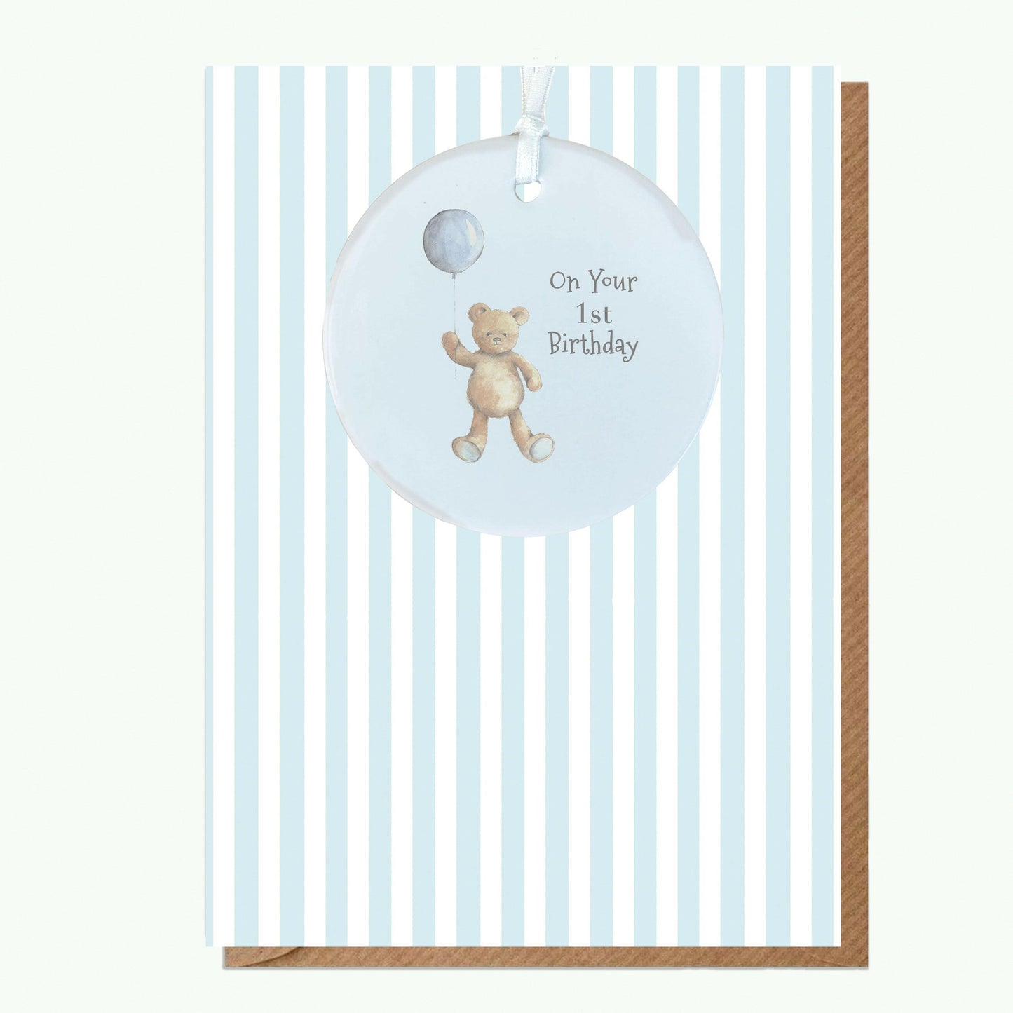 A6 Greeting Card with Ceramic Keepsake - Baby 1st Birthday Boy Teddy & Balloon Greeting & Note Cards Crumble and Core   