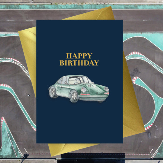 Biglietto d'auguri sventato A6 blu scuro Porsche Happy Birthday