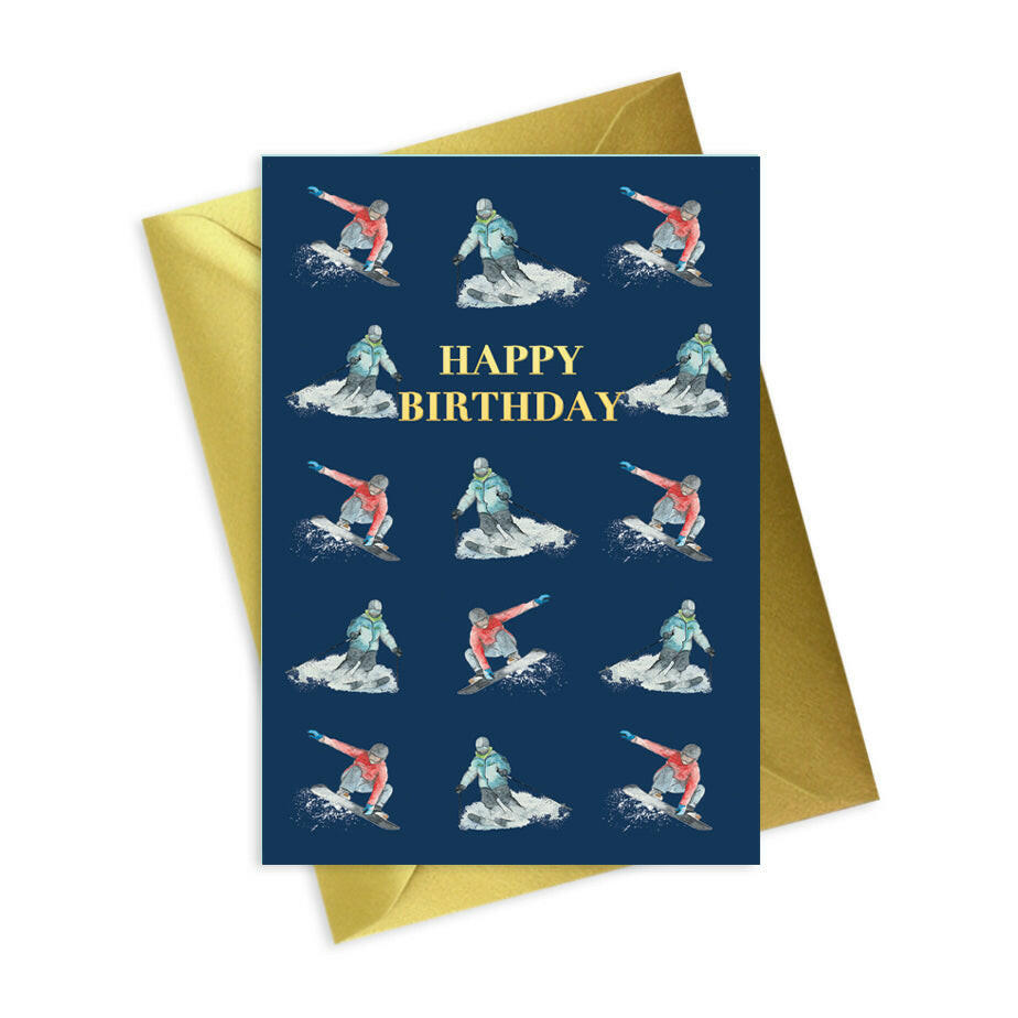 Navy A6 Foiled Greeting Card Winter Sport Happy Birthday Greeting & Note Cards Crumble and Core   