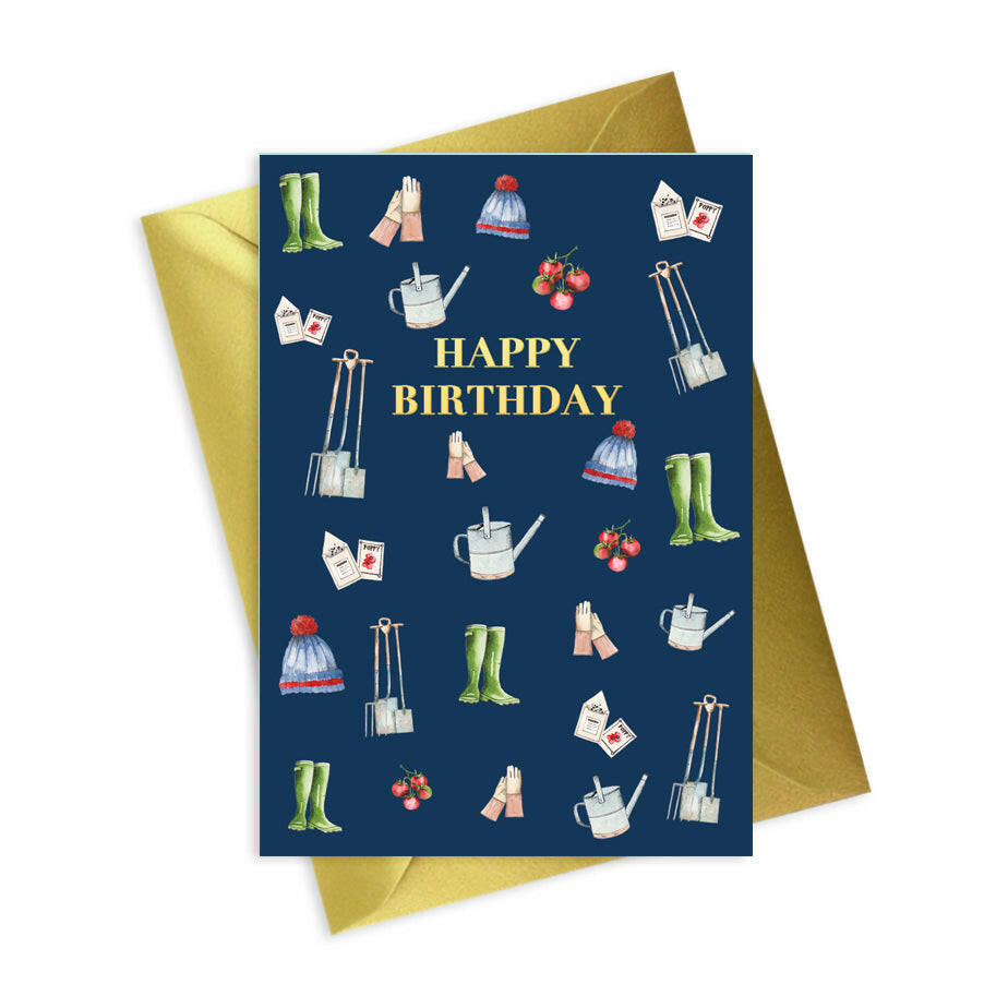 Navy A6 Foiled Greeting Card Gardening Happy Birthday Greeting & Note Cards Crumble and Core   