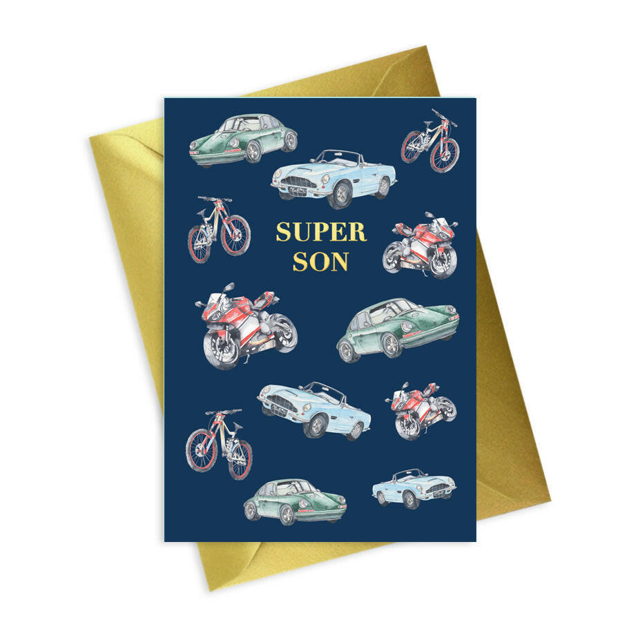 Navy A6 Foiled Greeting Card Cars Super Son Greeting & Note Cards Crumble and Core   