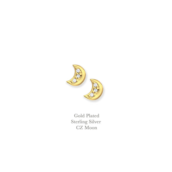 Gold Plated Sparkly Moon Earring Studs - Sterling Silver Luxury