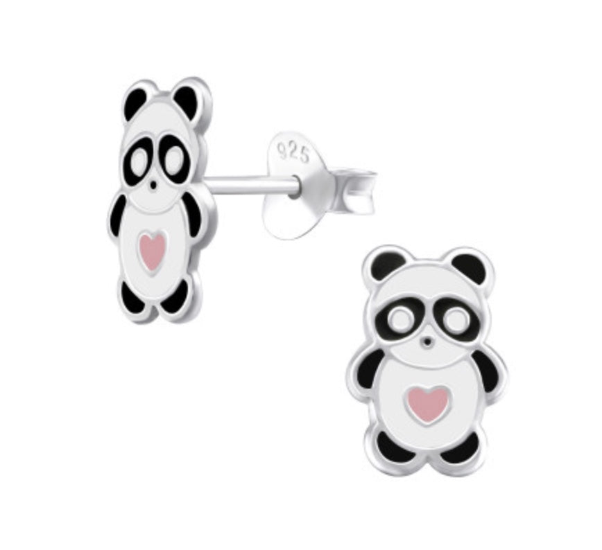 Cute Panda and Heart Silver Ear Stud Earrings Crumble and Core   