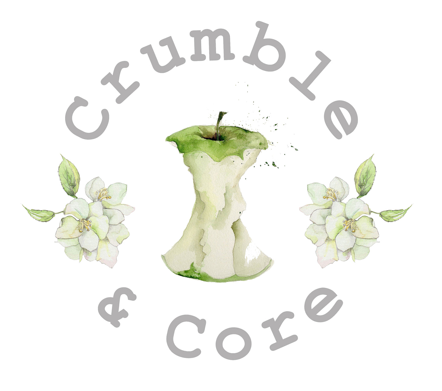 a drawing of an apple and flowers with the words crumble and core