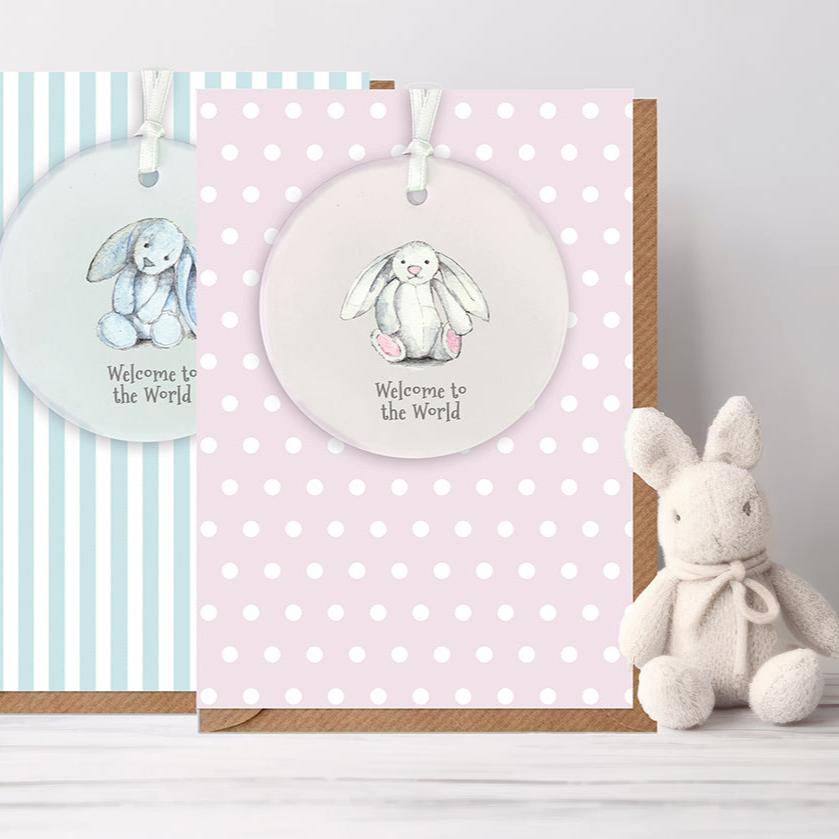 A6 Greeting Card with Ceramic Keepsake - Baby Girl Bunny