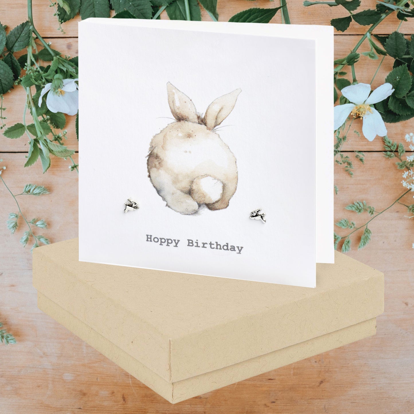 Boxed Bunny Birthday Card  and Sterling Silver Stud Earrings - Perfect Gift