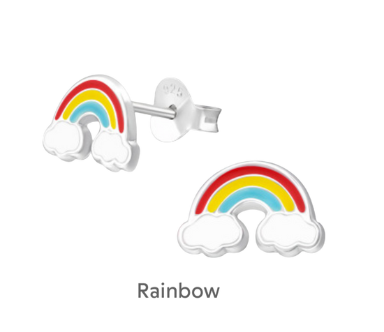 a pair of rainbow earrings on a black background