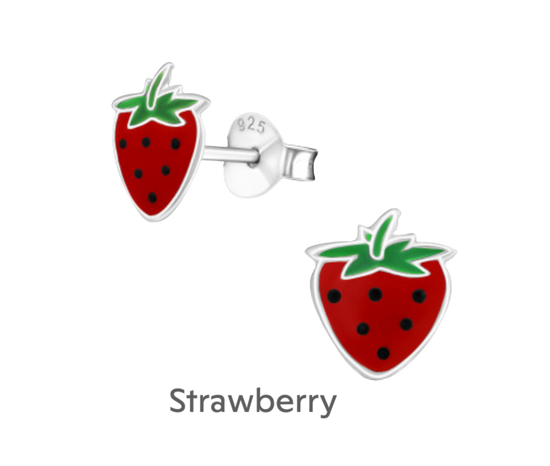 a pair of earrings with a strawberry on it