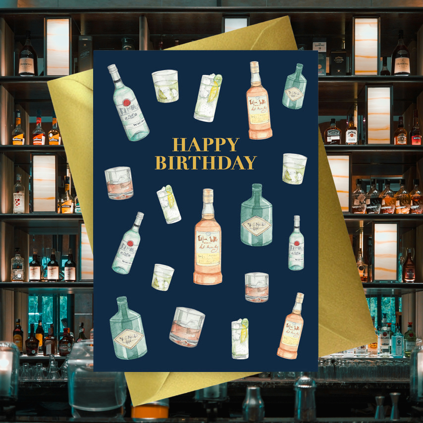 Navy A6 Foiled Greeting Card Drinks Happy Birthday